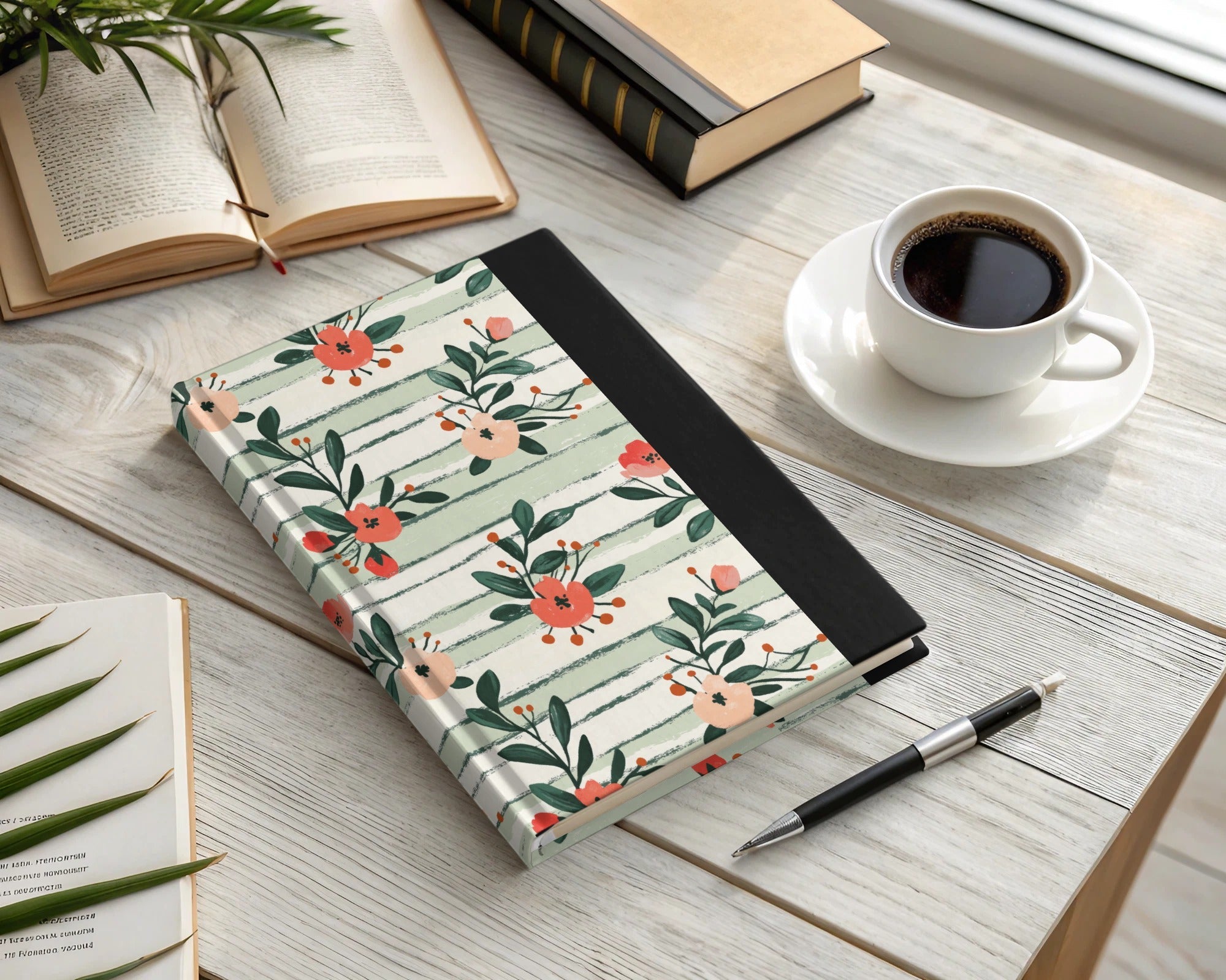 Floral Digital Paper, Peach Red Flowers, Green Stripes Pattern, Summer, Spring Print, Scrapbooking Paper, Fabric Design, Digital Download - Moore and Mountain