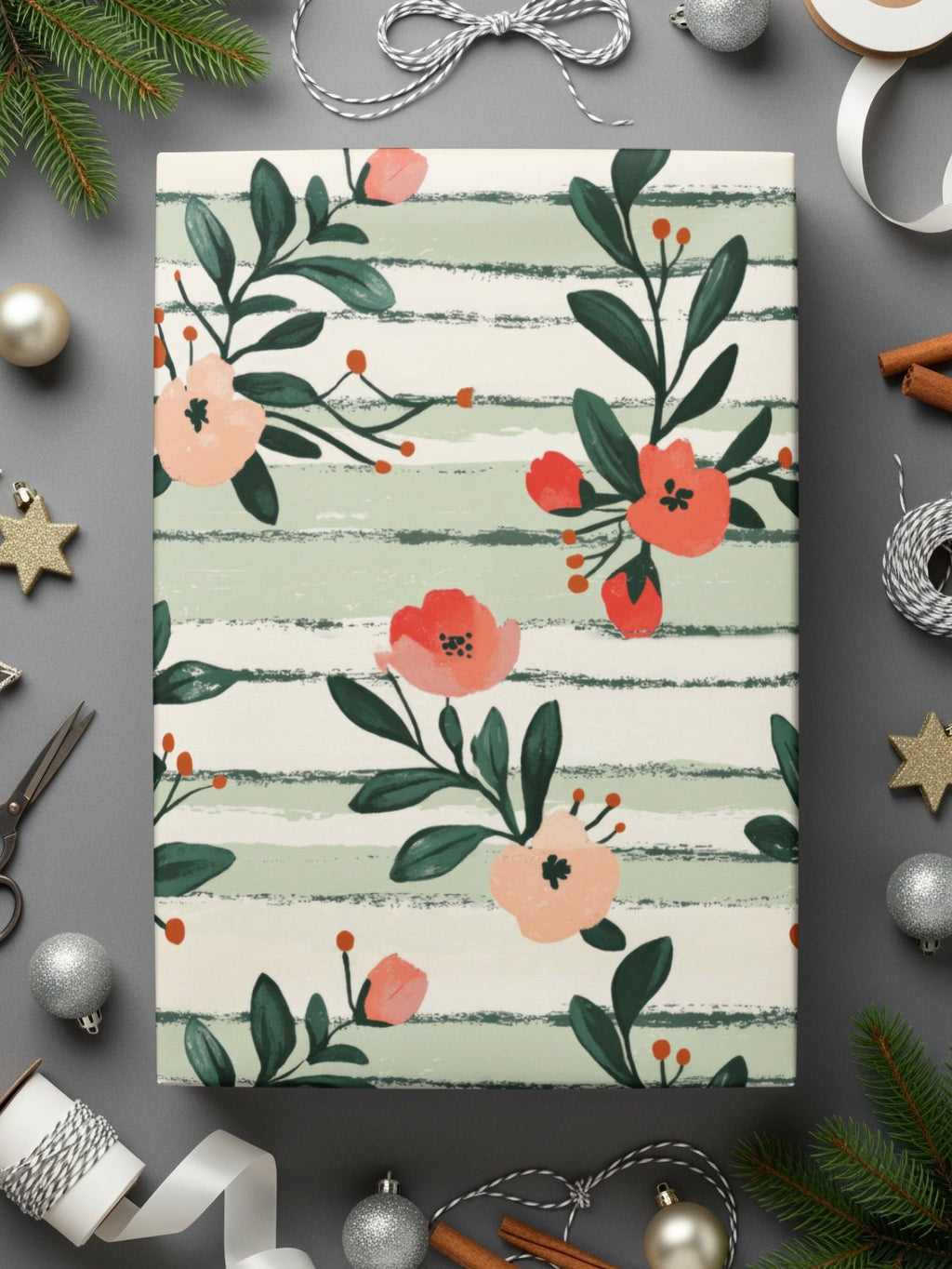 Floral Digital Paper, Peach Red Flowers, Green Stripes Pattern, Summer, Spring Print, Scrapbooking Paper, Fabric Design, Digital Download - Moore and Mountain