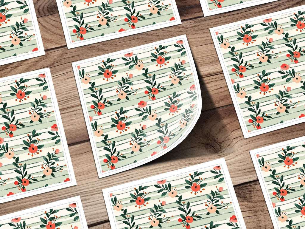 Floral Digital Paper, Peach Red Flowers, Green Stripes Pattern, Summer, Spring Print, Scrapbooking Paper, Fabric Design, Digital Download - Moore and Mountain