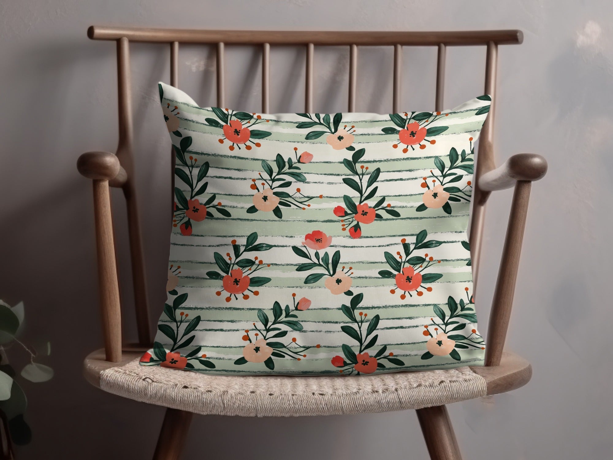 Floral Digital Paper, Peach Red Flowers, Green Stripes Pattern, Summer, Spring Print, Scrapbooking Paper, Fabric Design, Digital Download - Moore and Mountain