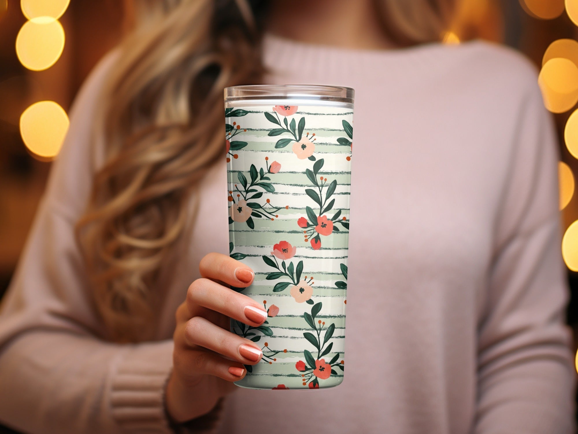 Floral Digital Paper, Peach Red Flowers, Green Stripes Pattern, Summer, Spring Print, Scrapbooking Paper, Fabric Design, Digital Download - Moore and Mountain