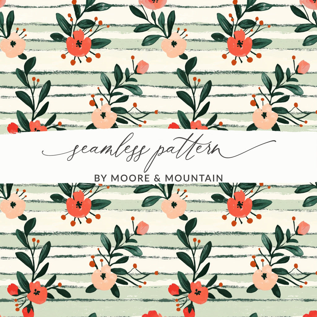 Floral Digital Paper, Peach Red Flowers, Green Stripes Pattern, Summer, Spring Print, Scrapbooking Paper, Fabric Design, Digital Download - Moore and Mountain
