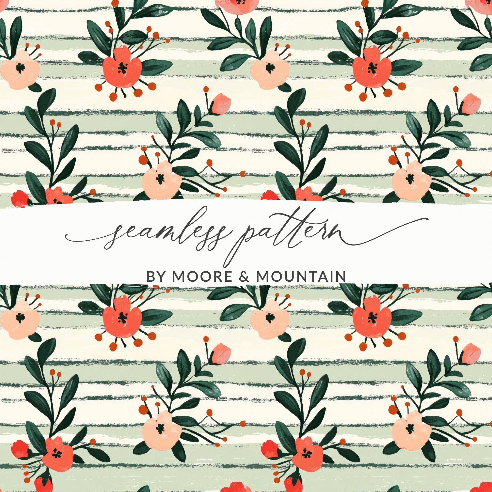 Floral Digital Paper, Peach Red Flowers, Green Stripes Pattern, Summer, Spring Print, Scrapbooking Paper, Fabric Design, Digital Download - Moore and Mountain