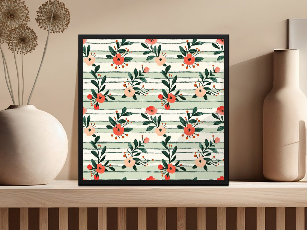 Floral Digital Paper, Peach Red Flowers, Green Stripes Pattern, Summer, Spring Print, Scrapbooking Paper, Fabric Design, Digital Download - Moore and Mountain