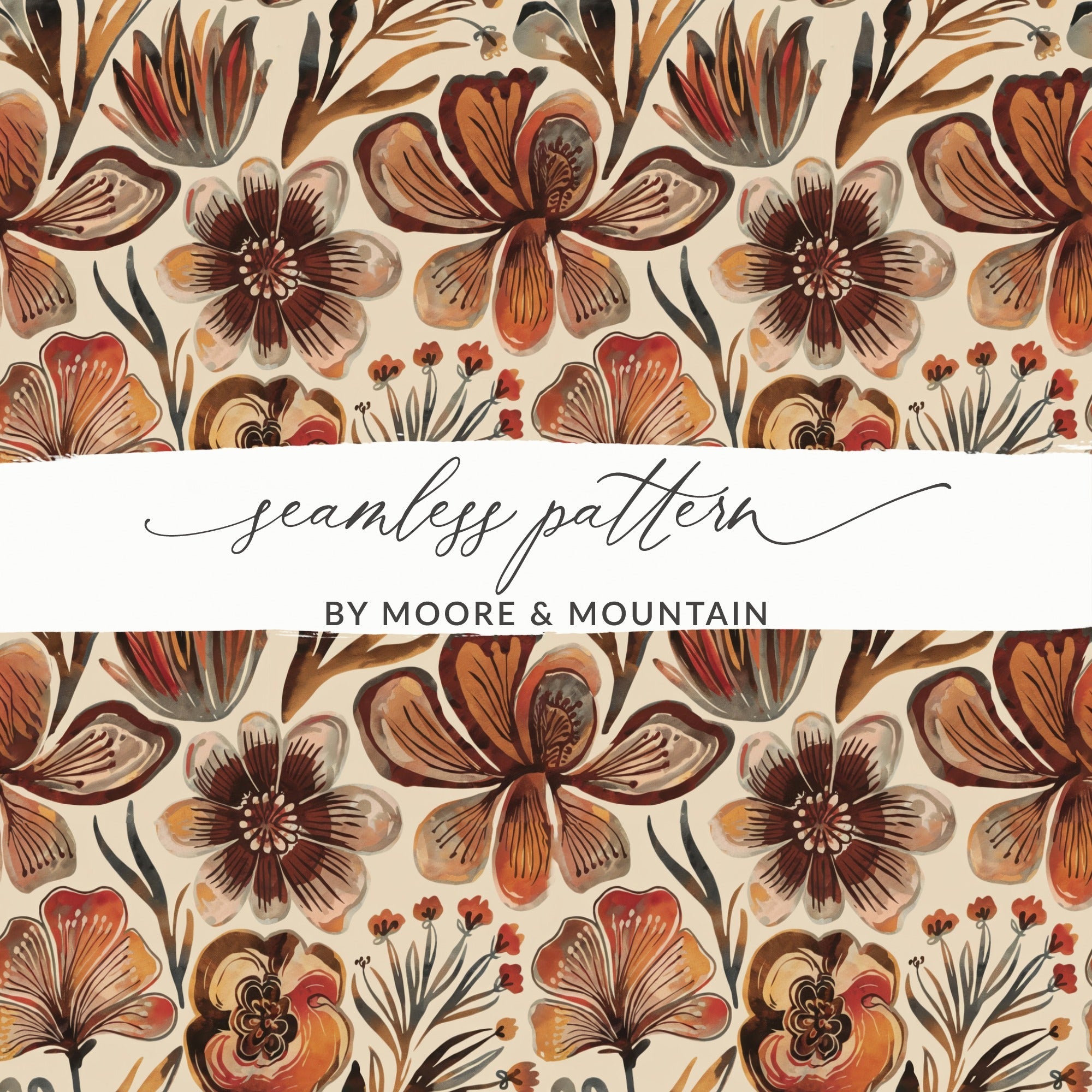 Floral Digital Paper, Seamless Flower Pattern, Autumn Tone Design, Watercolor Style Texture, Digital Download, Commercial Use Image - Moore and Mountain
