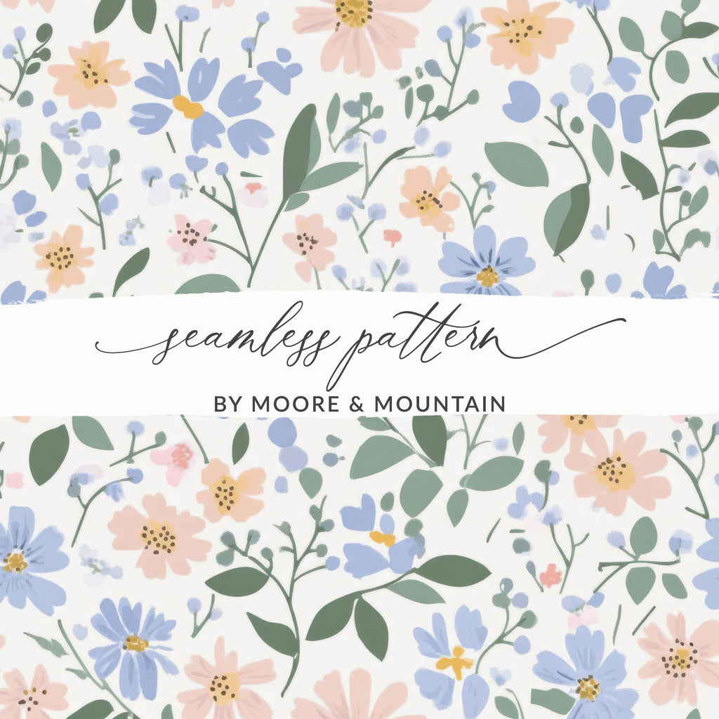 Floral Digital Paper, Seamless Flower Pattern, Pastel Flower Design, Blue and Pink Blooms, Fabric Design, Scrapbook Paper, Digital Download - Moore and Mountain