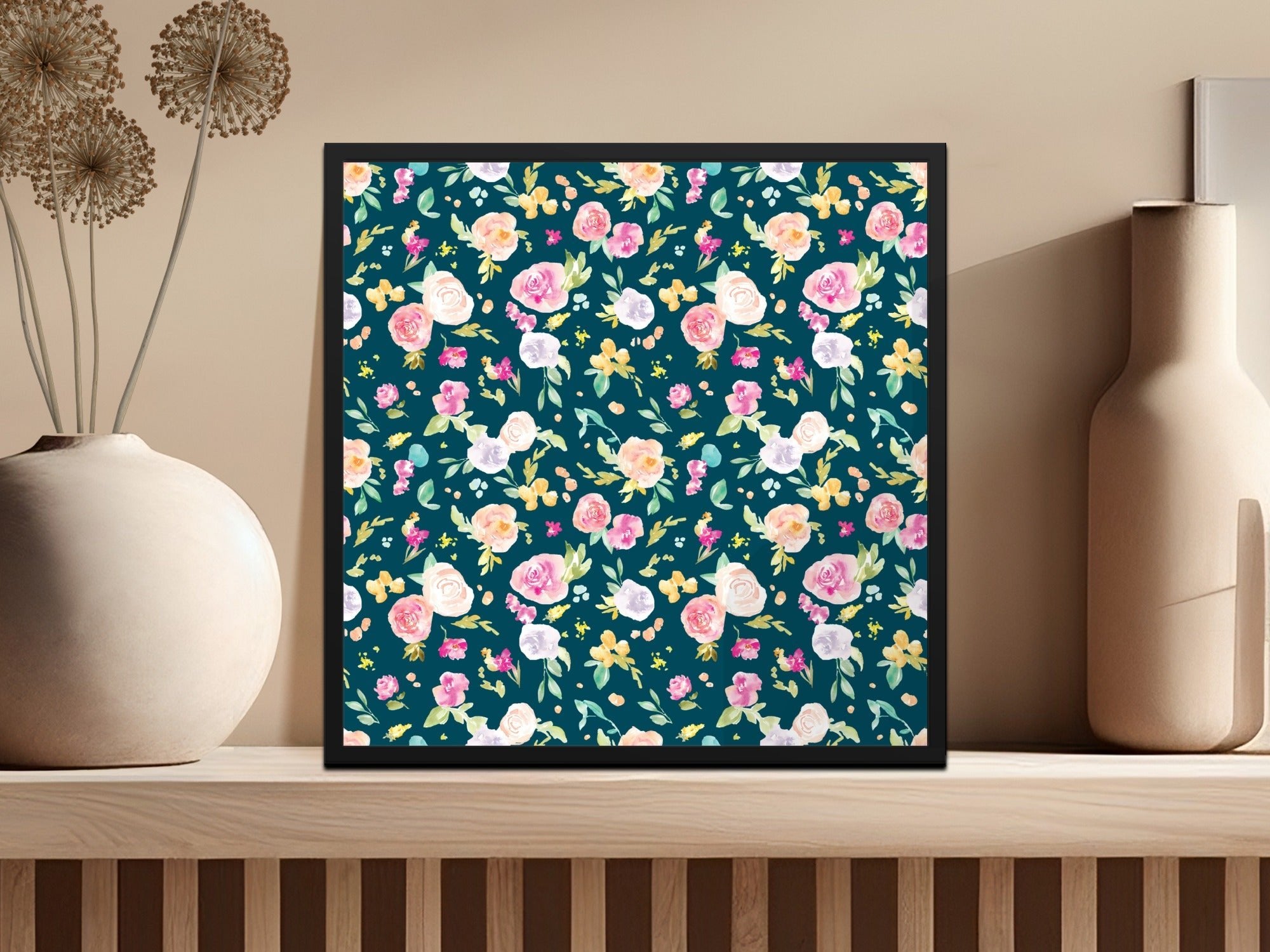 Floral Digital Paper, Watercolor Flowers Pattern, Seamless Teal Background, Fabric Design, Scrapbooking Paper, Digital Download - Moore and Mountain