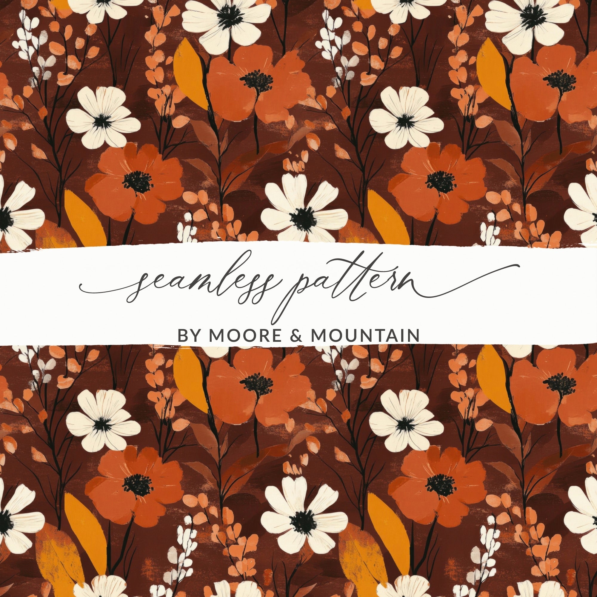 Floral Digital Seamless Pattern, Autumn Flowers, Brown Background, Fabric Design, Paper Craft, Printable, Scrapbooking, Commercial Use - Moore and Mountain