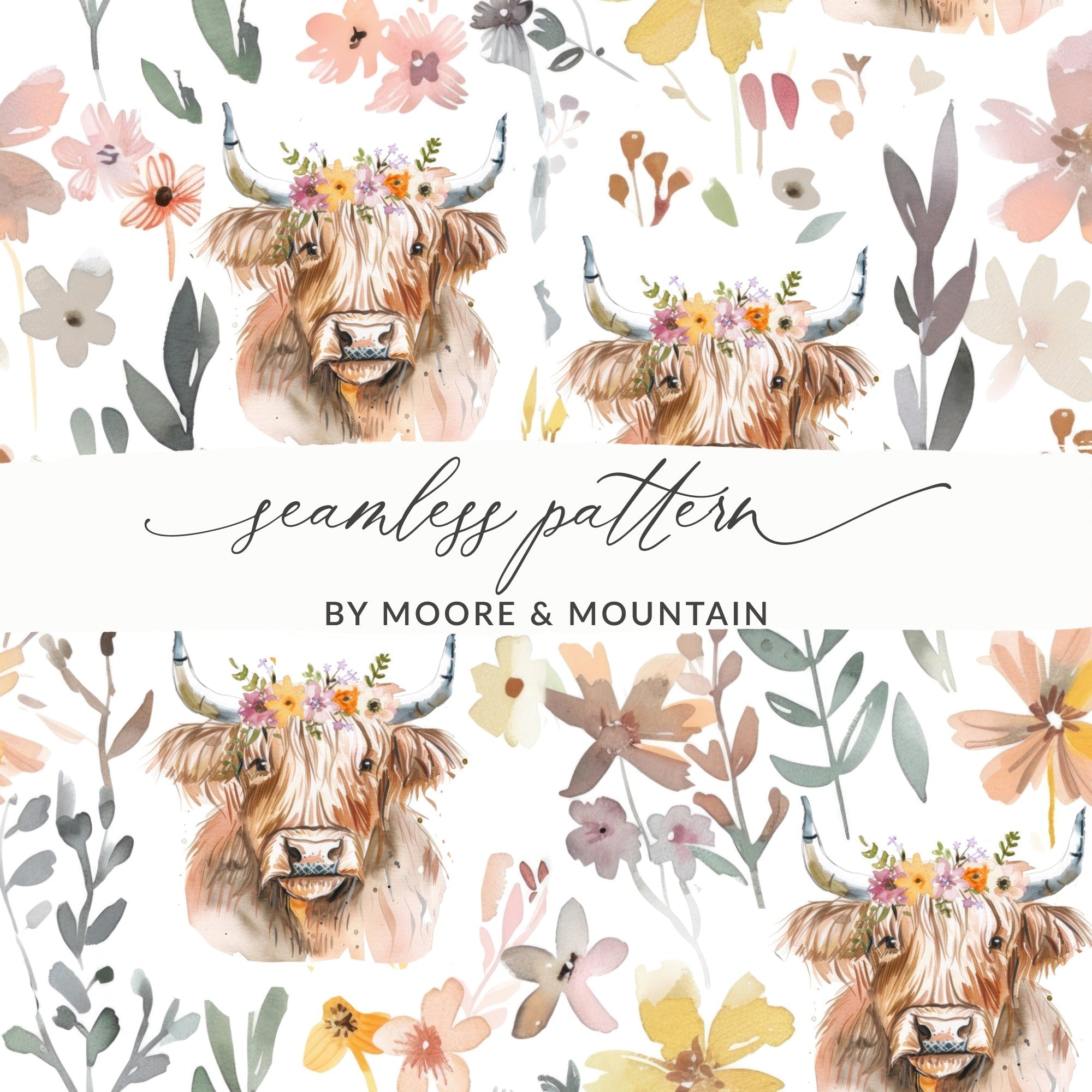 Floral Highland Cow Digital Paper, Seamless Pattern, Cow Print, Farmhouse, Rustic Chic, JPEG Files, Animal Design, Digital Download - Moore and Mountain