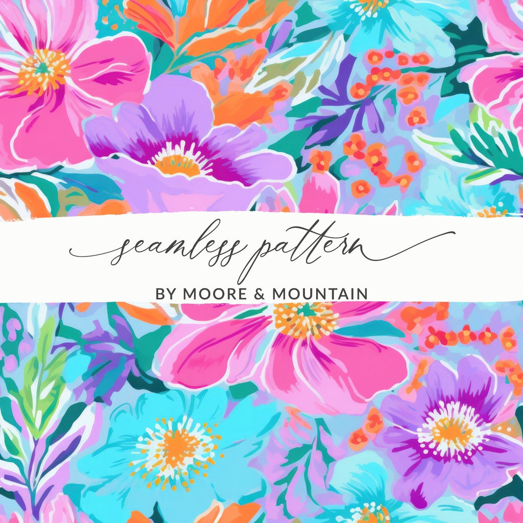Floral Pattern Digital Paper, Colorful Flower Seamless File, Pink Purple Blue Flower Print, Fabric Design, Scrapbook Paper, Art Print - Moore and Mountain