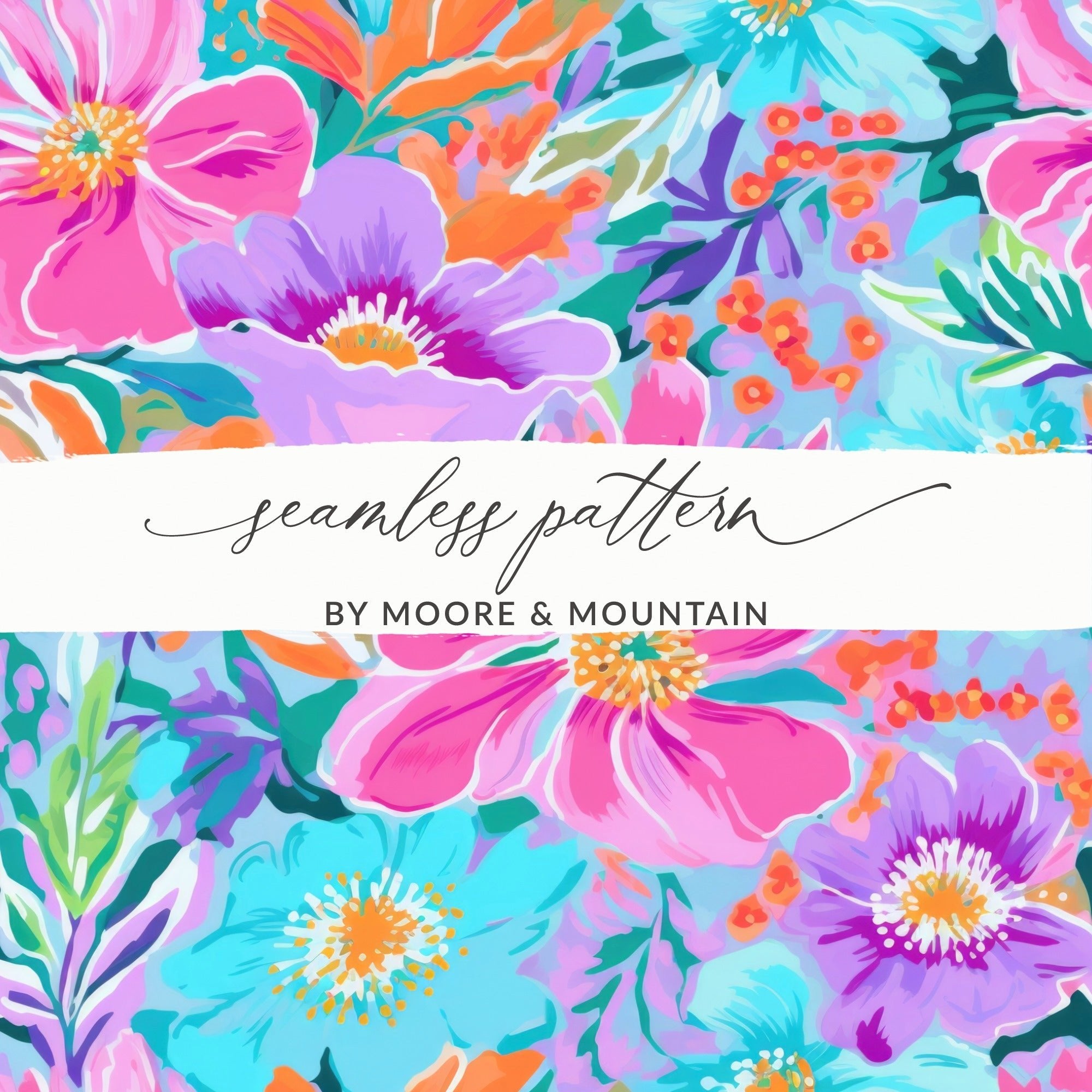 Floral Pattern Digital Paper, Colorful Flower Seamless File, Pink Purple Blue Flower Print, Fabric Design, Scrapbook Paper, Art Print - Moore and Mountain