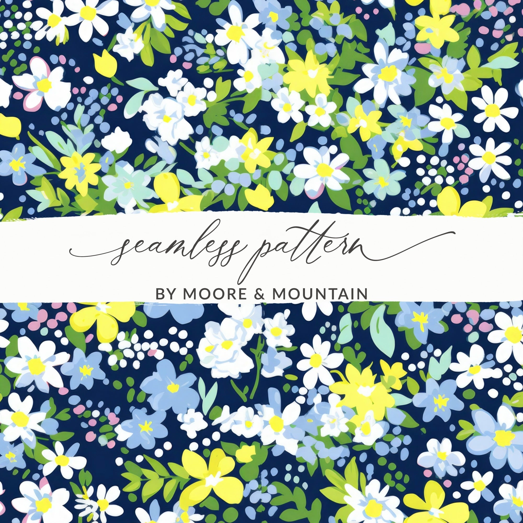 Floral Seamless Pattern Design for T-Shirt, Digital Print, Navy Background, White Yellow Blue Flowers, Fabric Design, DIY Crafts, Pretty - Moore and Mountain
