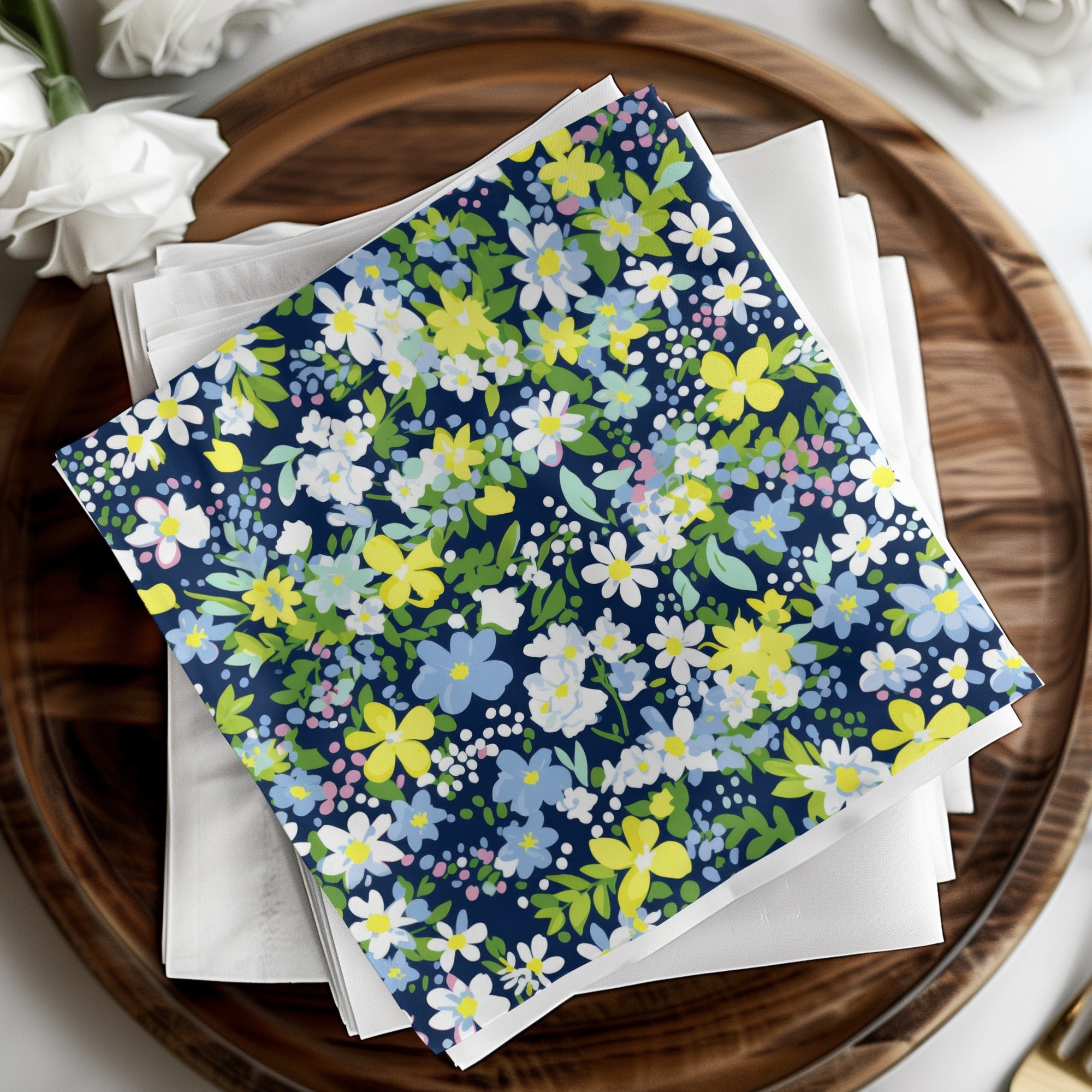 Floral Seamless Pattern Design for T-Shirt, Digital Print, Navy Background, White Yellow Blue Flowers, Fabric Design, DIY Crafts, Pretty - Moore and Mountain