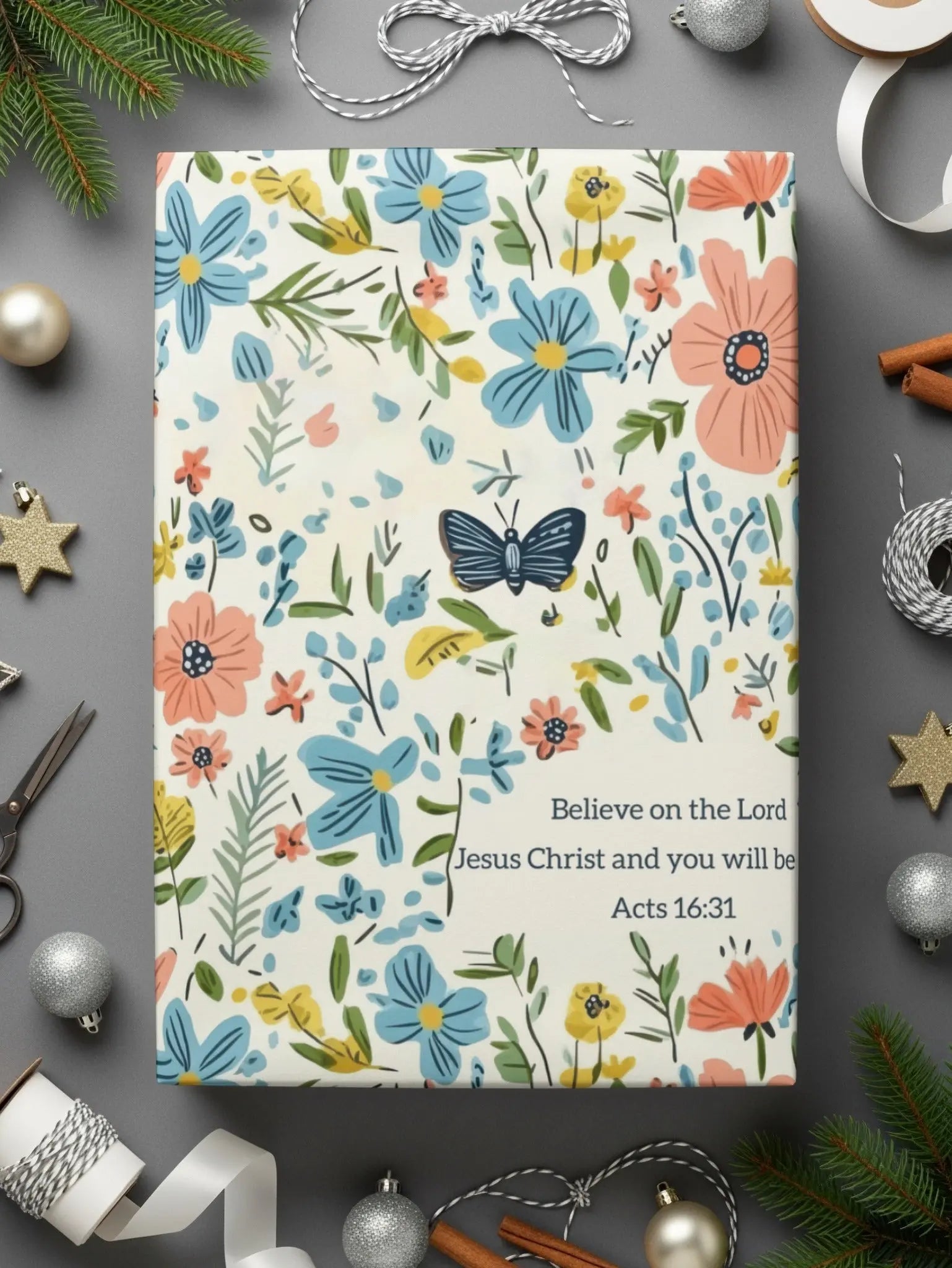 Floral Seamless Pattern, Religious Digital Paper, Butterfly Flower Pattern, Acts 16 31 Scripture, Commercial Use, Print on Demand, 12x12 - Moore and Mountain