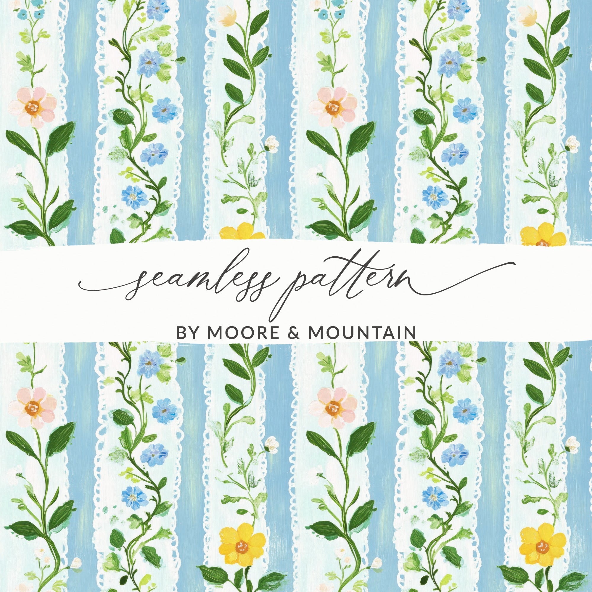 Floral Stripe Digital Paper, Flower Seamless Pattern, Blue Digital Download, Fabric Design, Scrapbooking Paper, Commercial Use, JPEG Files - Moore and Mountain