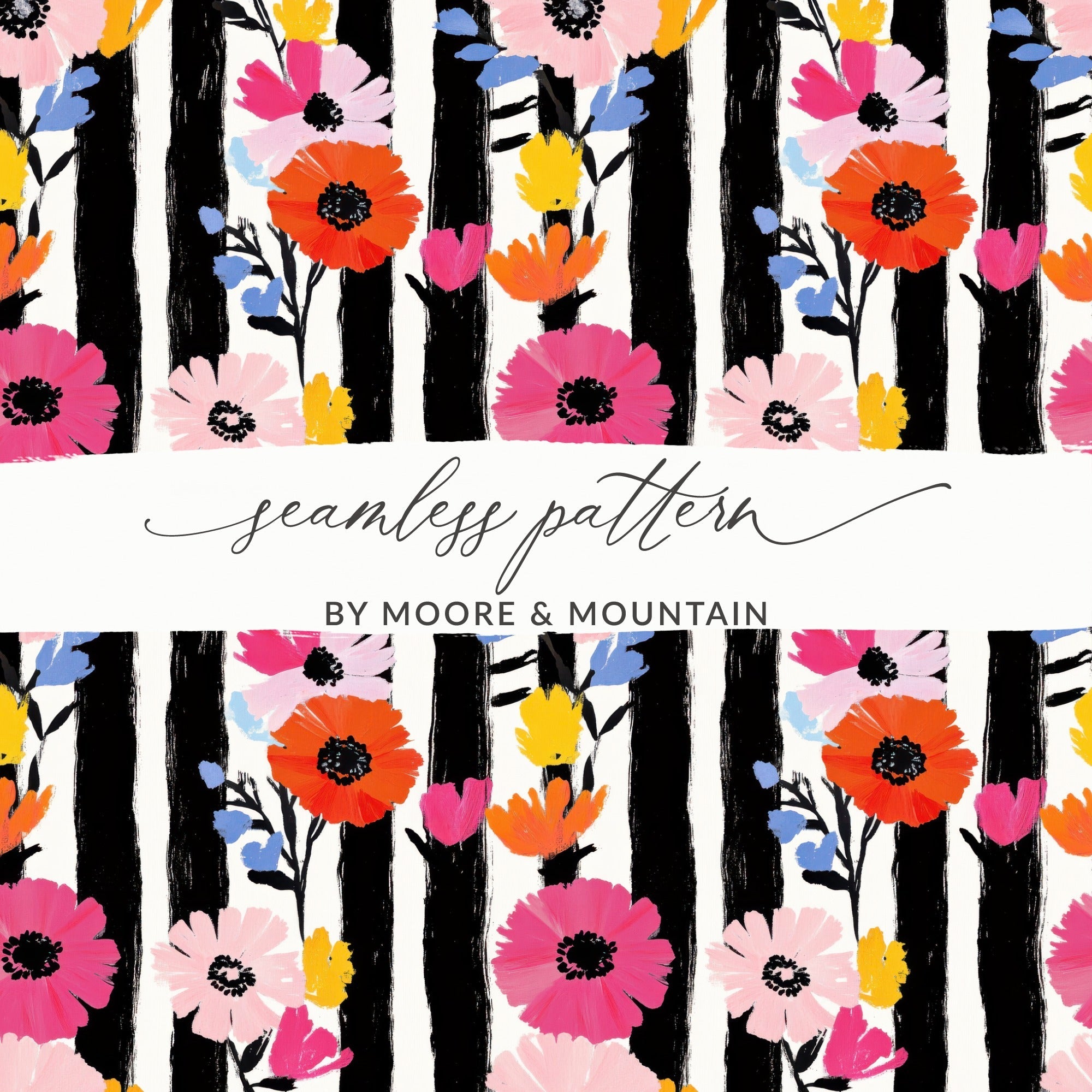 Floral Stripe Digital Paper, Modern Flower Pattern, Seamless Pattern, Colorful Flowers, Striped Background, Digital Download - Moore and Mountain