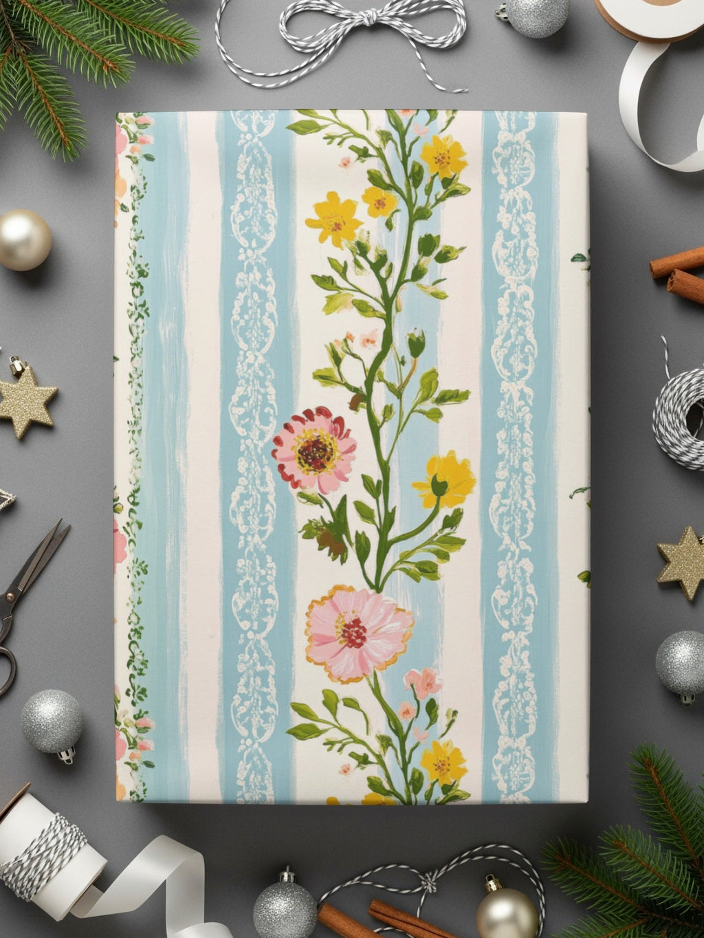 Floral Stripe Digital Paper, Seamless Flower Pattern, Blue Stripe Design, Pink Yellow Flowers, Digital Download, Scrapbooking Paper - Moore and Mountain