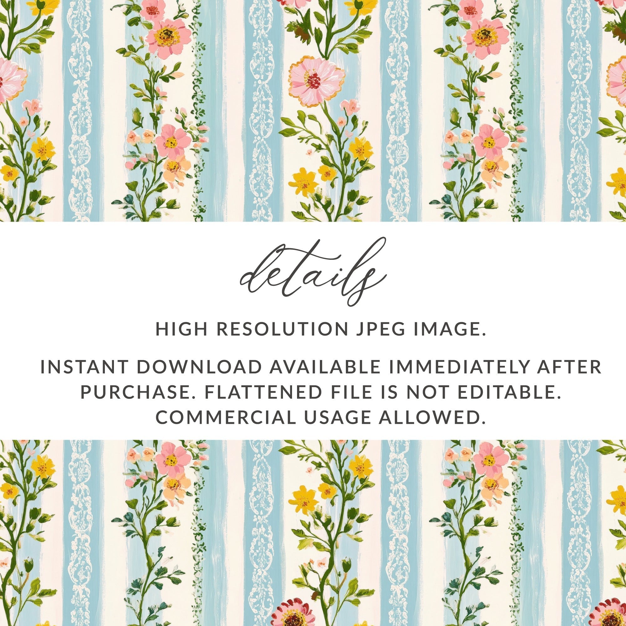 Floral Stripe Digital Paper, Seamless Flower Pattern, Blue Stripe Design, Pink Yellow Flowers, Digital Download, Scrapbooking Paper - Moore and Mountain