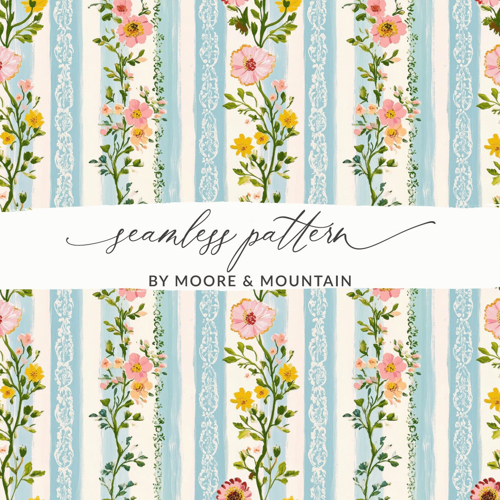 Floral Stripe Digital Paper, Seamless Flower Pattern, Blue Stripe Design, Pink Yellow Flowers, Digital Download, Scrapbooking Paper - Moore and Mountain