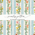 Floral Stripe Digital Paper, Seamless Flower Pattern, Blue Stripe Design, Pink Yellow Flowers, Digital Download, Scrapbooking Paper - Moore and Mountain