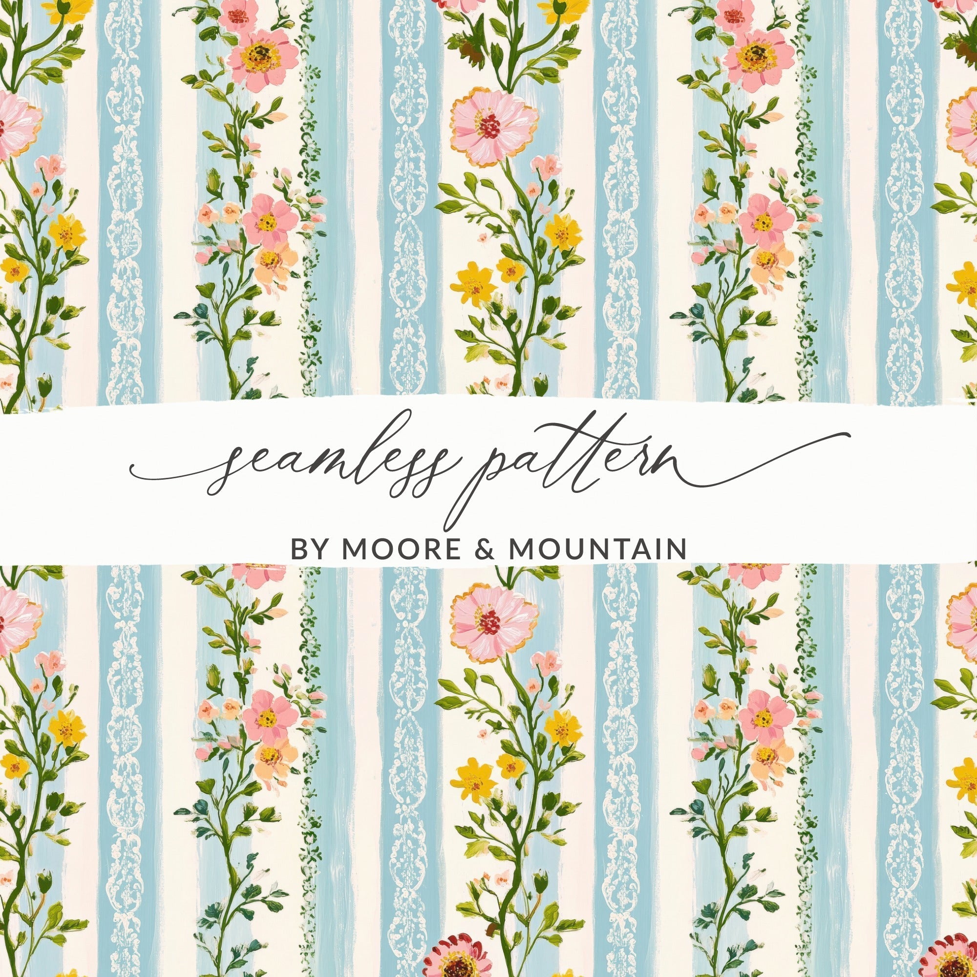 Floral Stripe Digital Paper, Seamless Flower Pattern, Blue Stripe Design, Pink Yellow Flowers, Digital Download, Scrapbooking Paper - Moore and Mountain