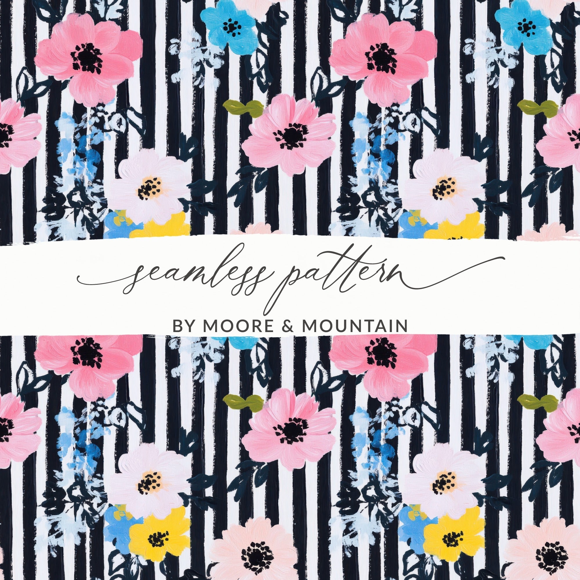 Floral Stripe Digital Paper, Seamless Pattern, Pink Blue Yellow Flowers, Digital Background, Printable Fabric Design, Digital Files - Moore and Mountain
