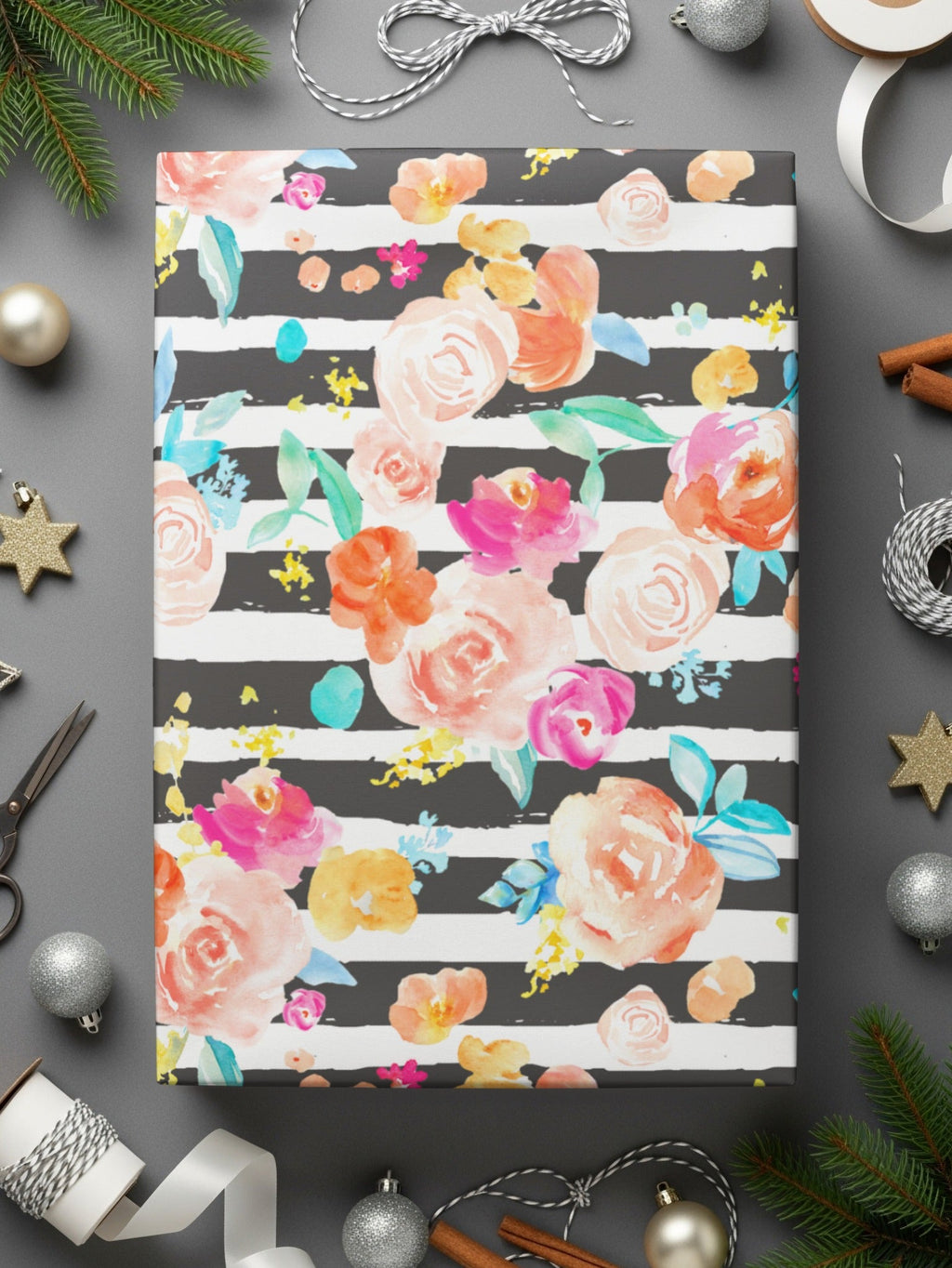 Floral Stripe Digital Paper, Seamless Pattern, Roses Clipart, Watercolor Flower, Commercial Use, Printable Paper, Scrapbook Paper - Moore and Mountain