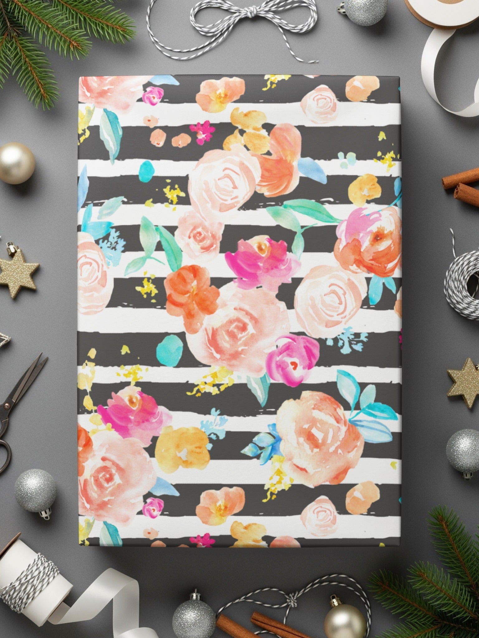 Floral Stripe Digital Paper, Seamless Pattern, Roses Clipart, Watercolor Flower, Commercial Use, Printable Paper, Scrapbook Paper - Moore and Mountain