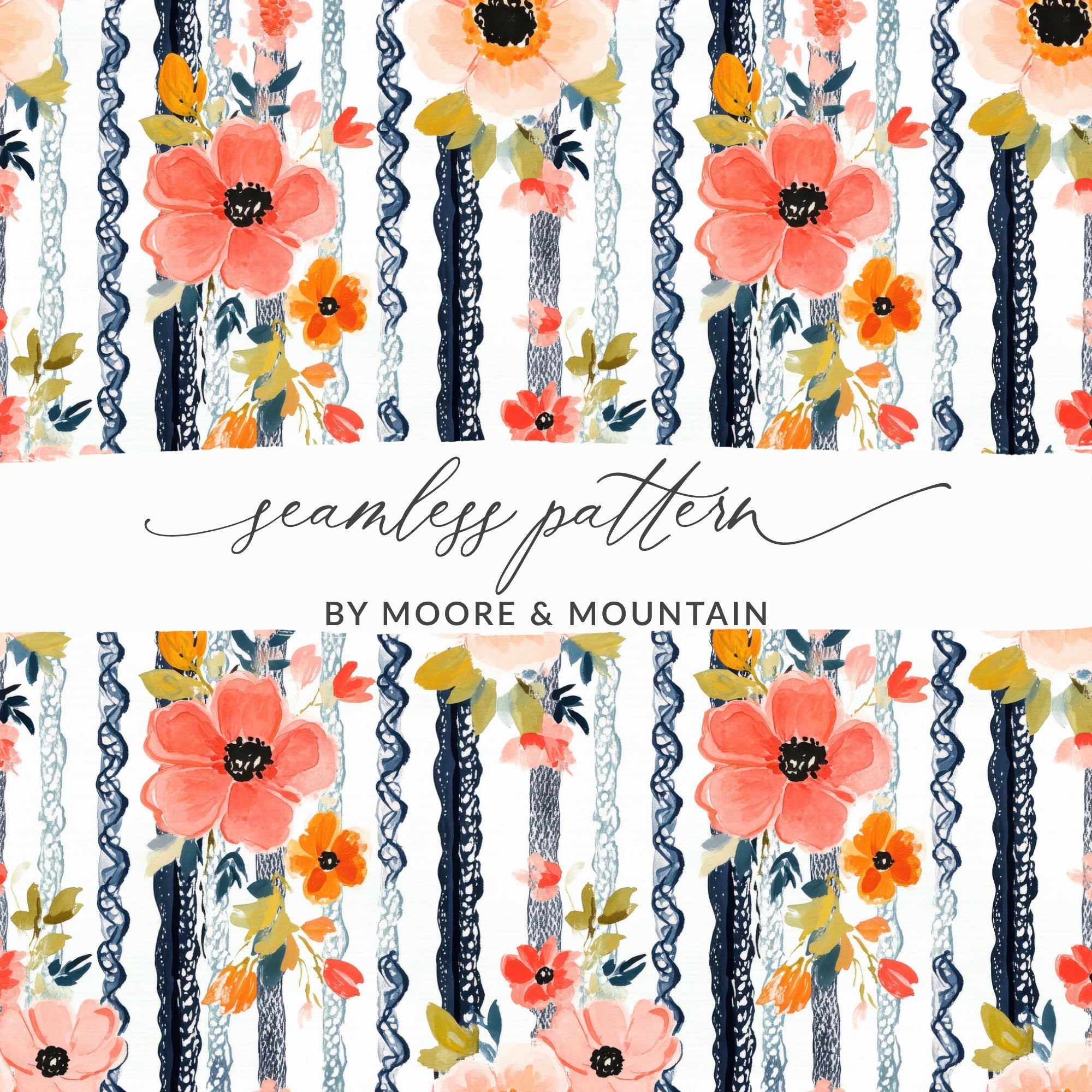 Floral Stripe Digital Paper, Seamless Pattern, Watercolor Flowers, Printable Fabric Design, Commercial Use, Digital Download - Moore and Mountain