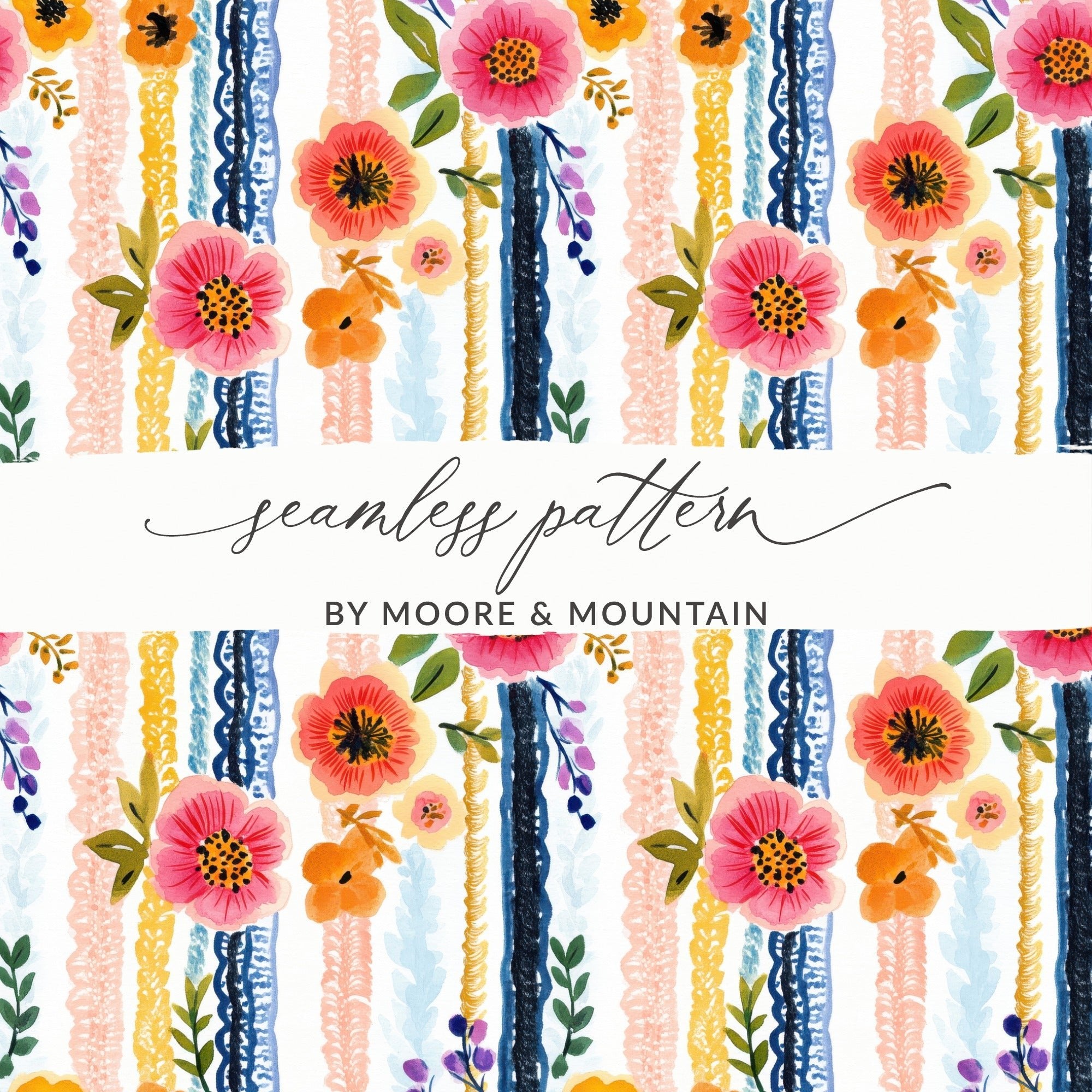 Floral Stripe Digital Paper, Watercolor Flower Seamless Pattern, Repeating Flower Design, Scrapbook Paper, Commercial Use Digital - Moore and Mountain