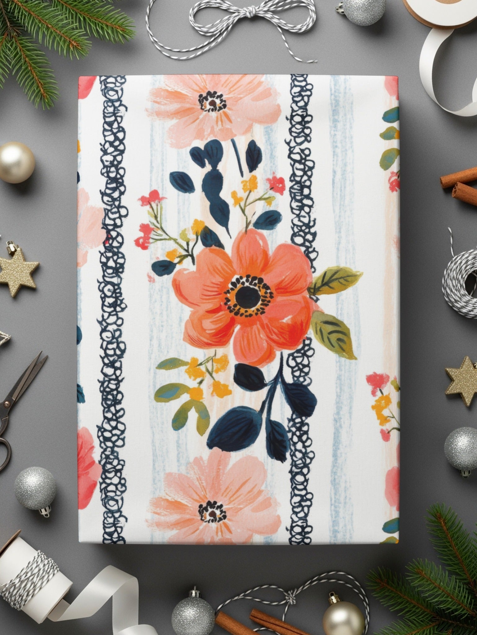 Floral Stripe Seamless Pattern, Digital Paper, Watercolor Flowers, Fabric Design, Scrapbooking, Commercial Use - Moore and Mountain