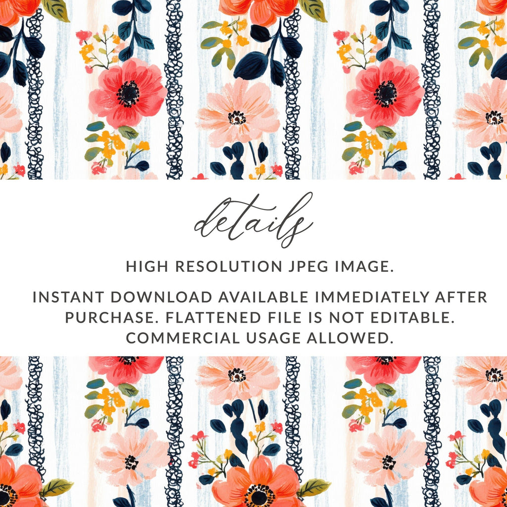 Floral Stripe Seamless Pattern, Digital Paper, Watercolor Flowers, Fabric Design, Scrapbooking, Commercial Use - Moore and Mountain