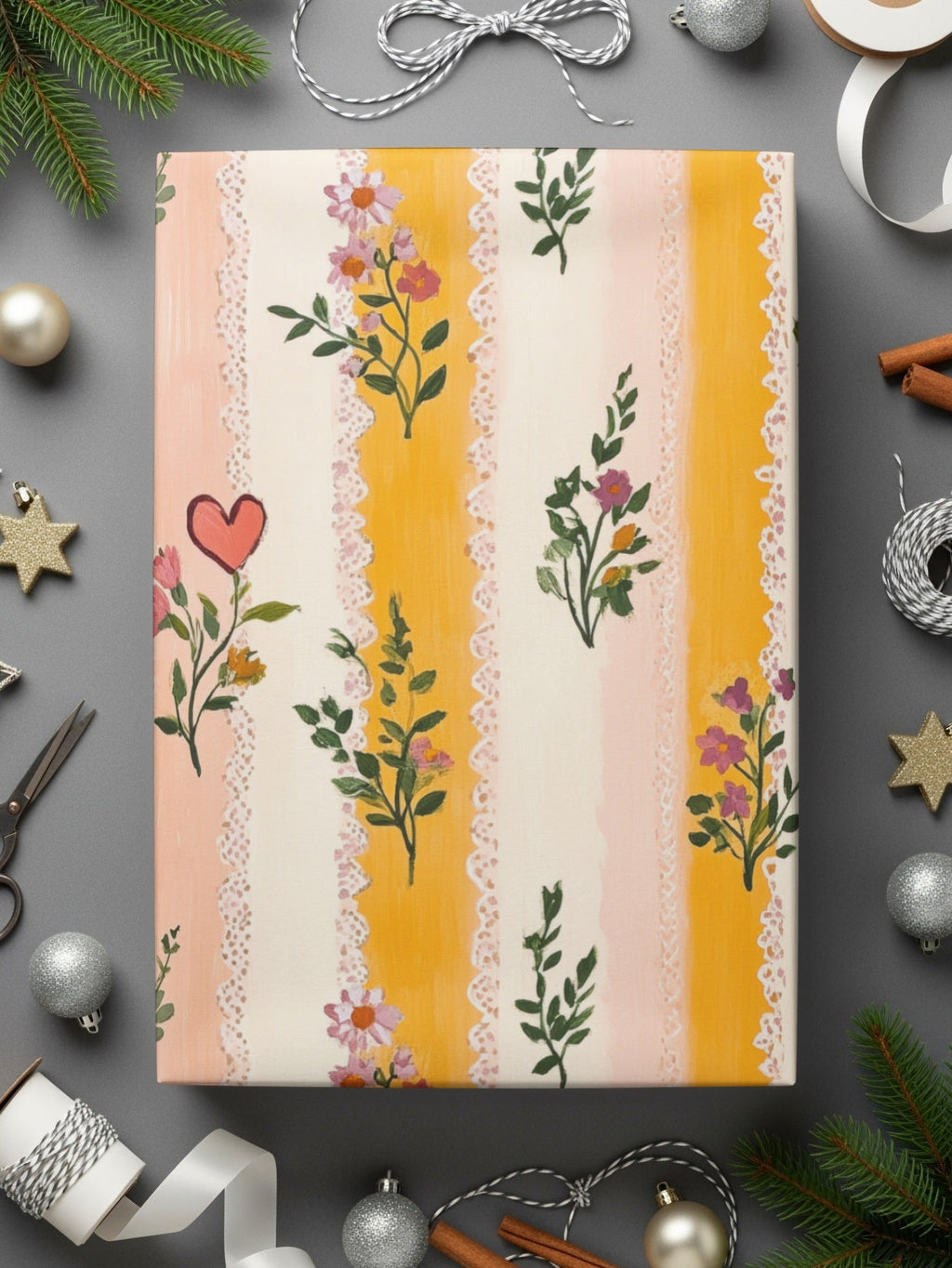 Floral Stripes Digital Paper, Heart Flowers Pattern, Seamless Pattern for Fabric, Scrapbook Paper, Digital Download, Commercial Use - Moore and Mountain