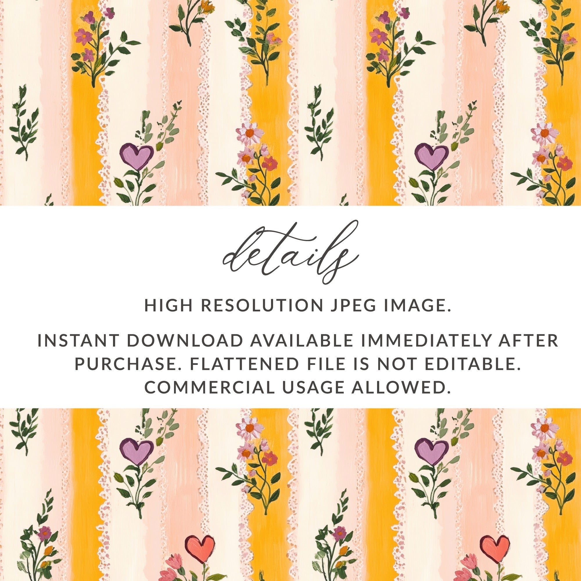 Floral Stripes Digital Paper, Heart Flowers Pattern, Seamless Pattern for Fabric, Scrapbook Paper, Digital Download, Commercial Use - Moore and Mountain