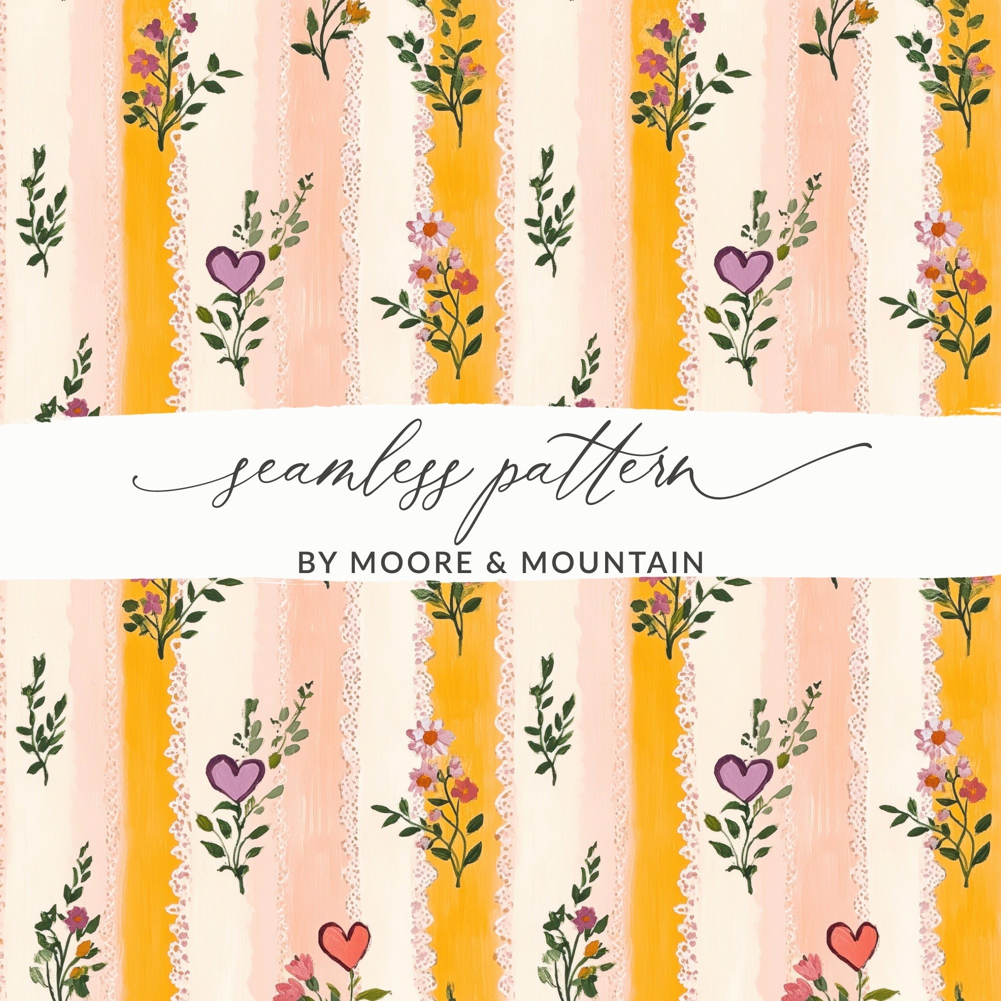 Floral Stripes Digital Paper, Heart Flowers Pattern, Seamless Pattern for Fabric, Scrapbook Paper, Digital Download, Commercial Use - Moore and Mountain