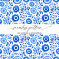 Floral Sunburst Painted Blue Flowers and Leaves Watercolor Seamless Pattern Digital - Moore and Mountain