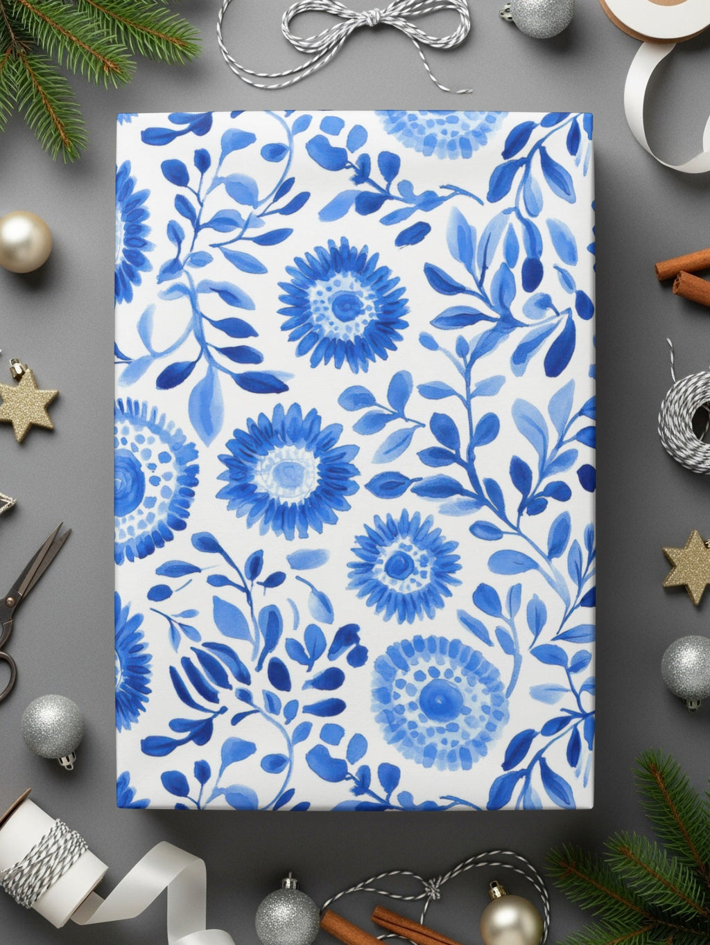 Floral Sunburst Painted Blue Flowers and Leaves Watercolor Seamless Pattern Digital - Moore and Mountain