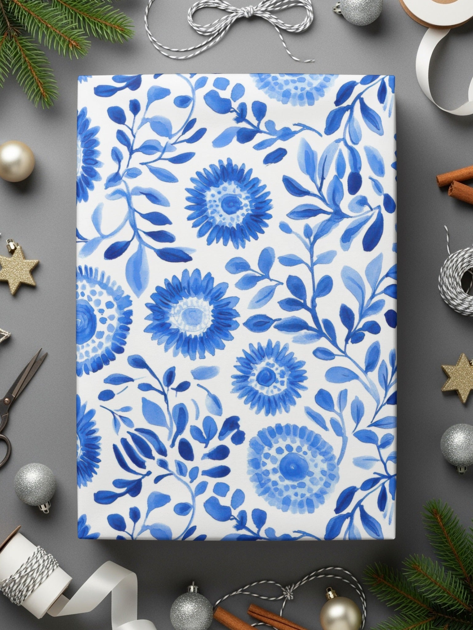 Floral Sunburst Painted Blue Flowers and Leaves Watercolor Seamless Pattern Digital - Moore and Mountain