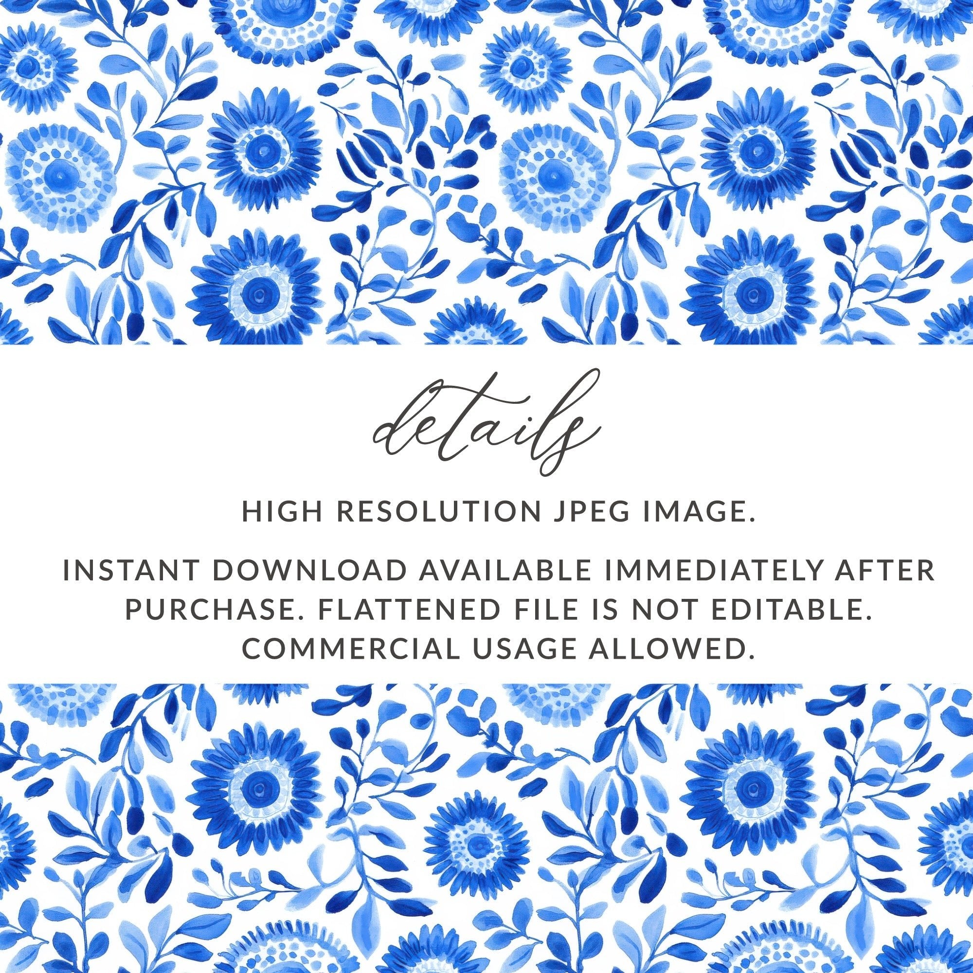 Floral Sunburst Painted Blue Flowers and Leaves Watercolor Seamless Pattern Digital - Moore and Mountain