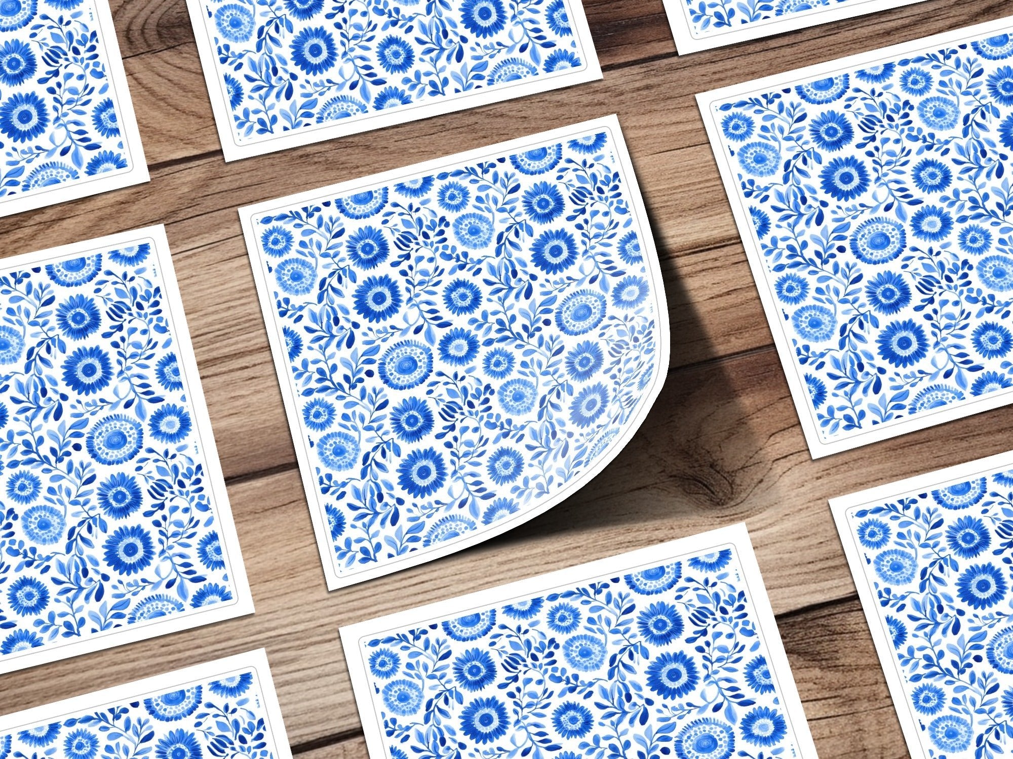 Floral Sunburst Painted Blue Flowers and Leaves Watercolor Seamless Pattern Digital - Moore and Mountain