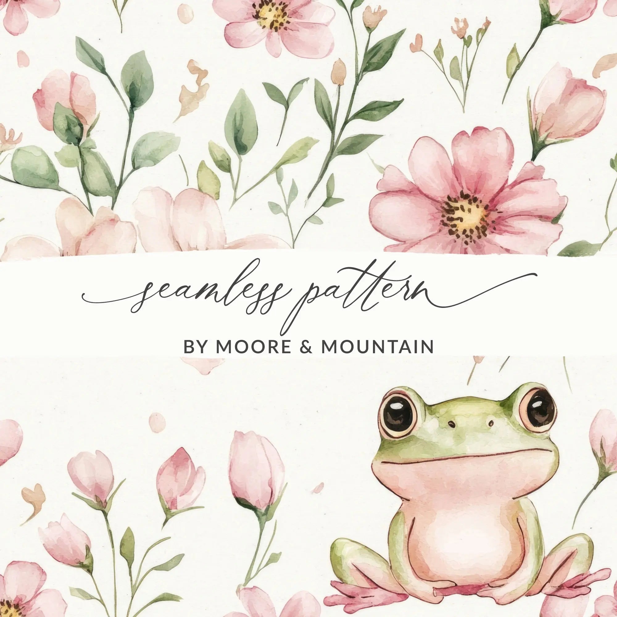 Frog and Flowers Digital Seamless Pattern, Watercolor Floral Froggy Design, Printable Fabric, Digital Download for Commercial Use - Moore and Mountain