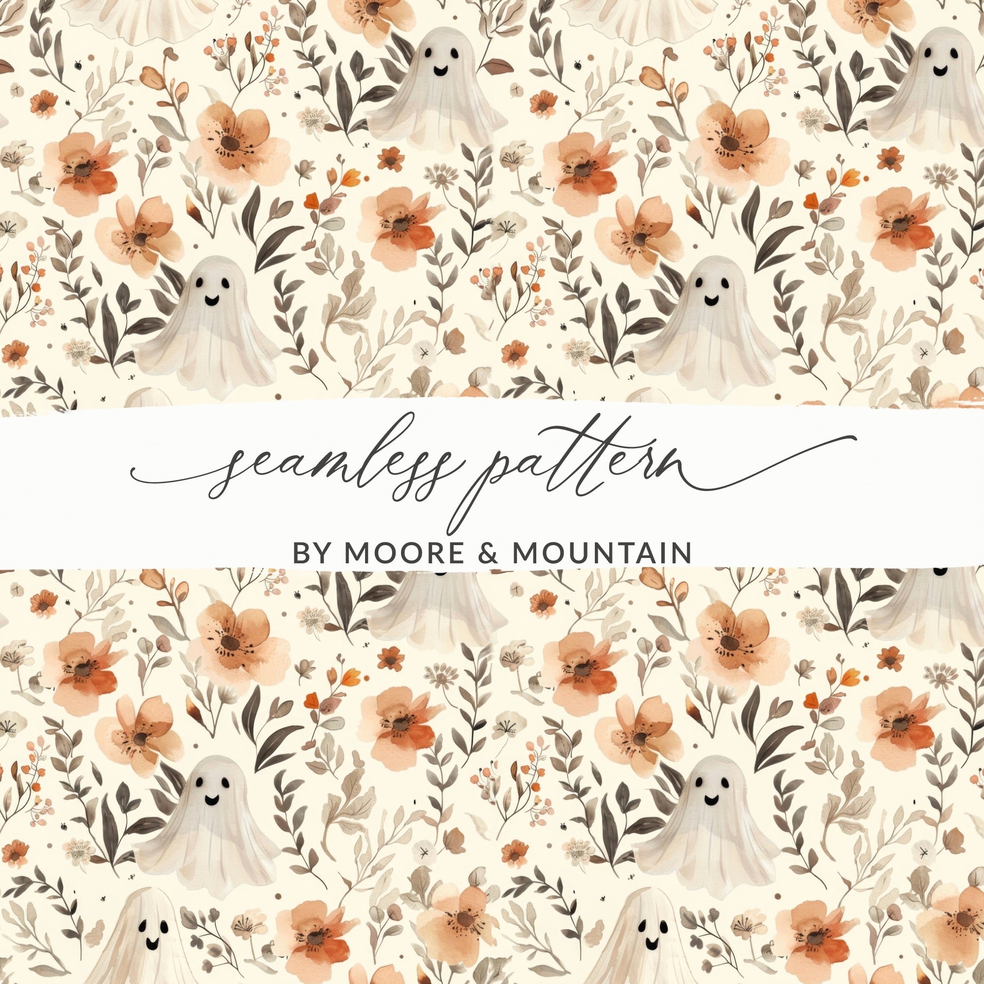 Ghost Floral Seamless Pattern Digital Paper, Spooky Cute Fall, Watercolor Texture Background, Halloween Paper Pack, Commercial Use - Moore and Mountain