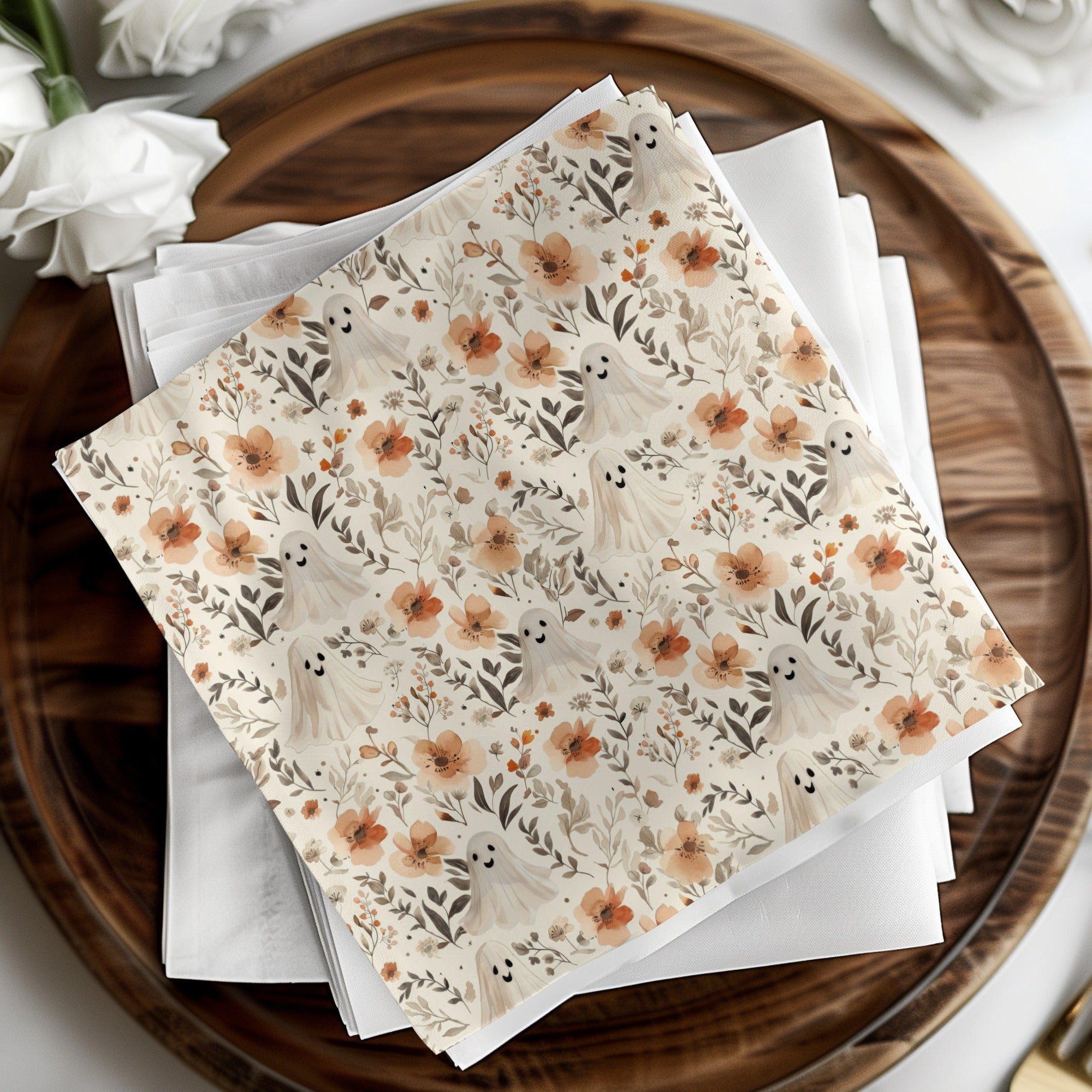 Ghost Floral Seamless Pattern Digital Paper, Spooky Cute Fall, Watercolor Texture Background, Halloween Paper Pack, Commercial Use - Moore and Mountain