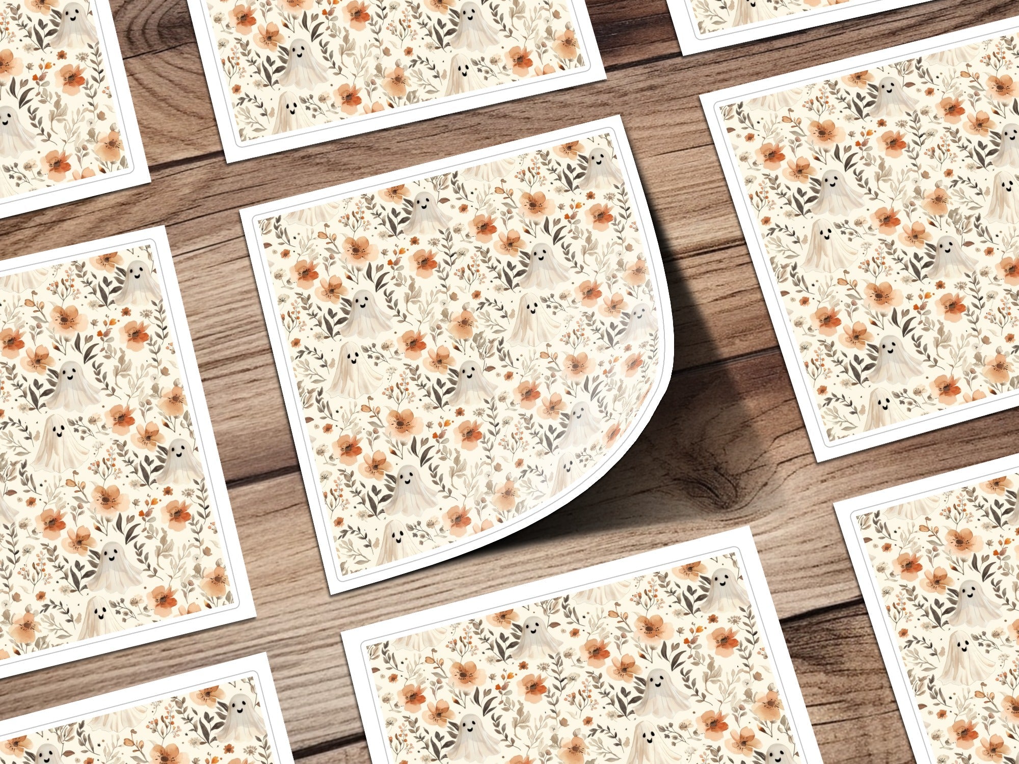 Ghost Floral Seamless Pattern Digital Paper, Spooky Cute Fall, Watercolor Texture Background, Halloween Paper Pack, Commercial Use - Moore and Mountain