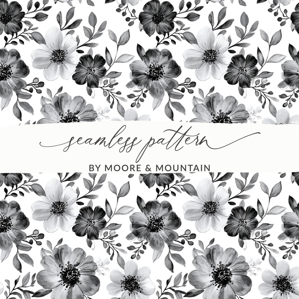 Gothic Black and White Dark Floral Pattern with Leaves and Berries Digital - Moore and Mountain