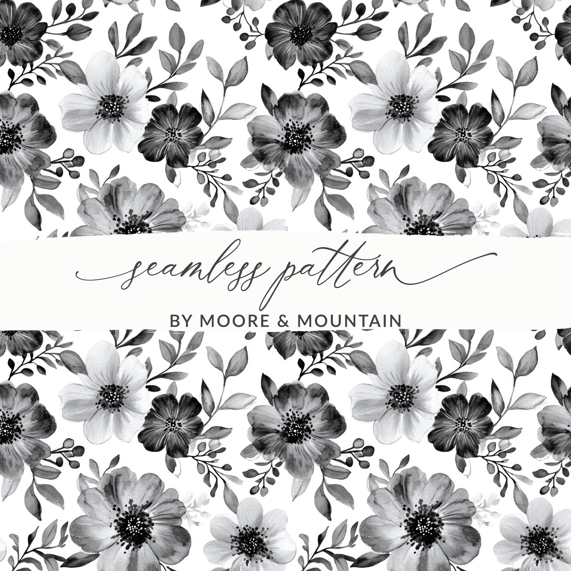 Gothic Black and White Dark Floral Pattern with Leaves and Berries Digital - Moore and Mountain