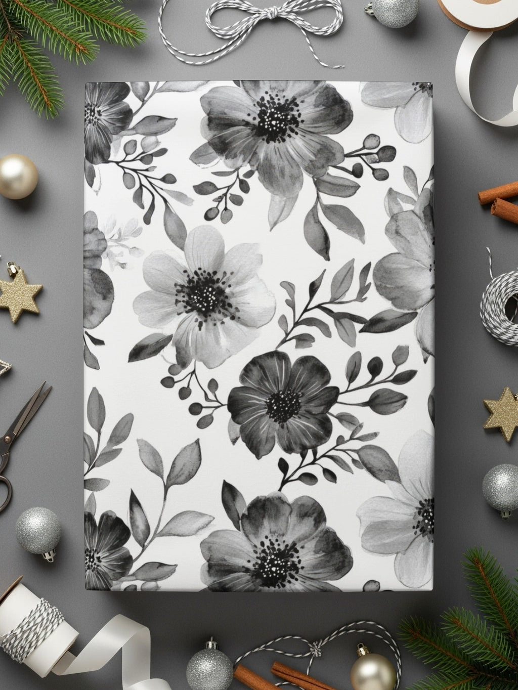 Gothic Black and White Dark Floral Pattern with Leaves and Berries Digital - Moore and Mountain