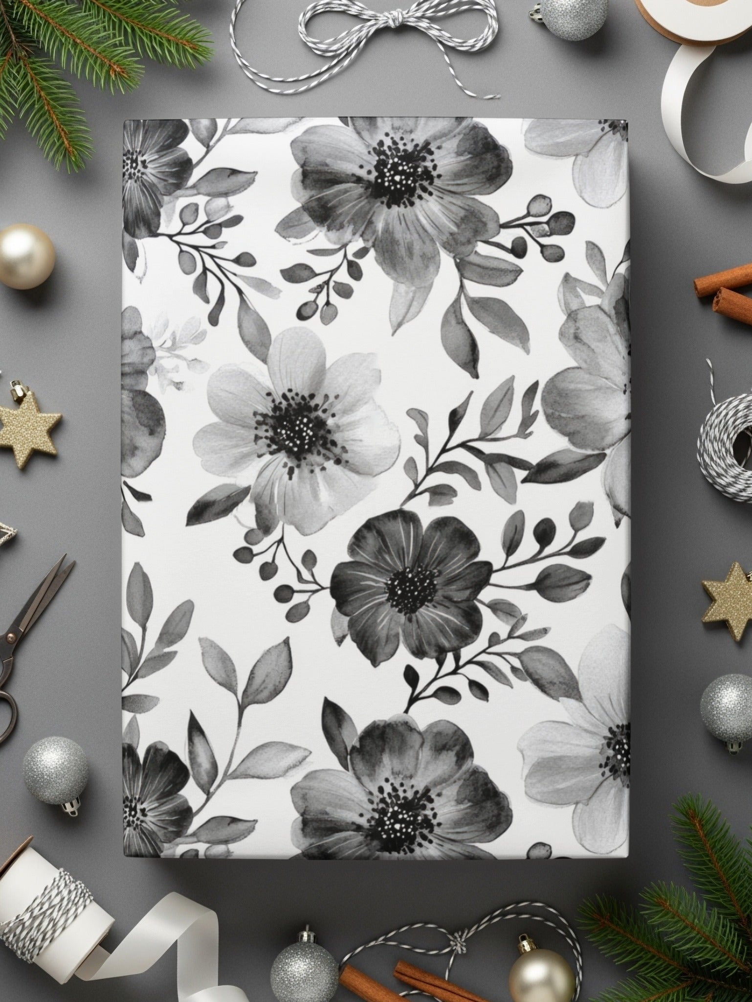Gothic Black and White Dark Floral Pattern with Leaves and Berries Digital - Moore and Mountain