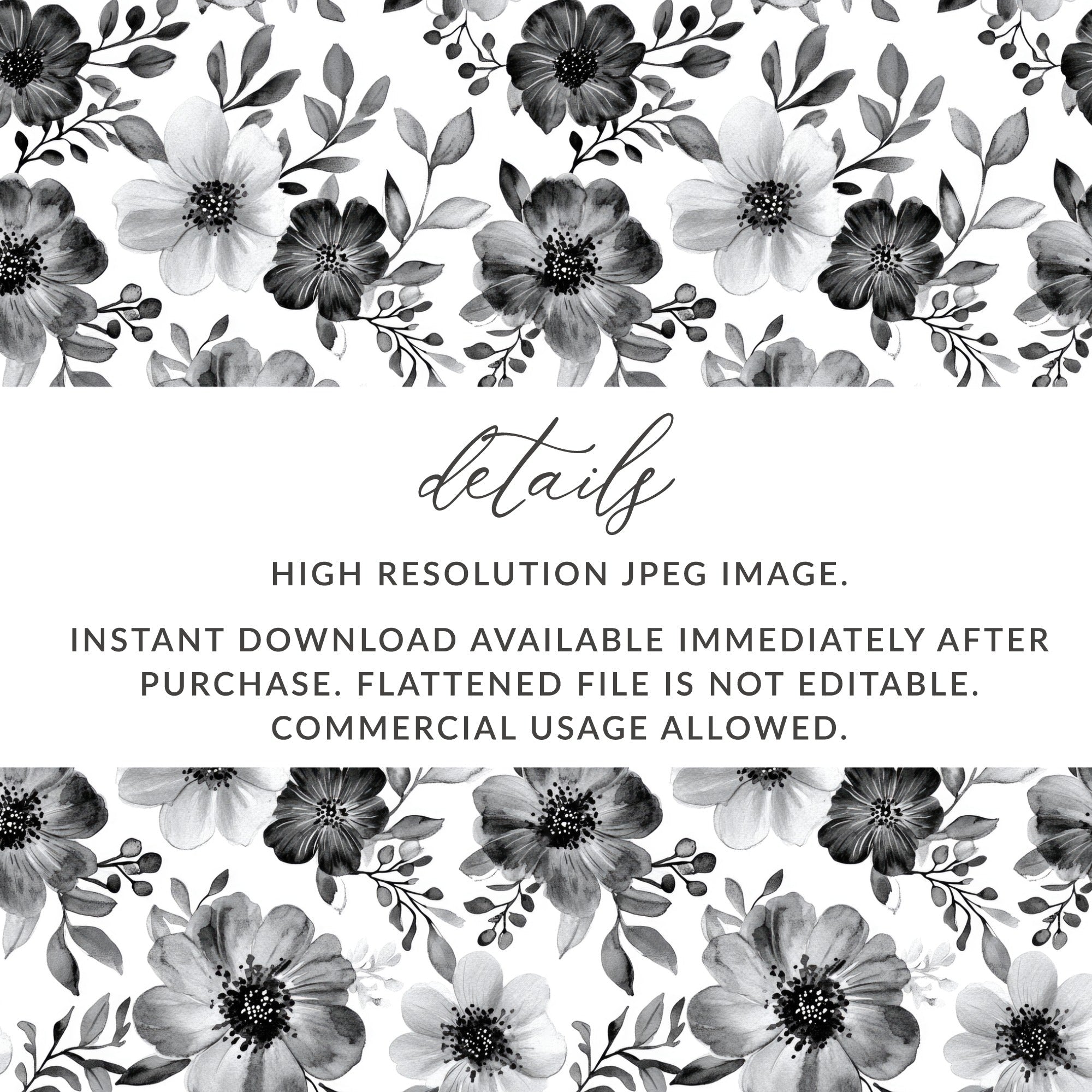 Gothic Black and White Dark Floral Pattern with Leaves and Berries Digital - Moore and Mountain