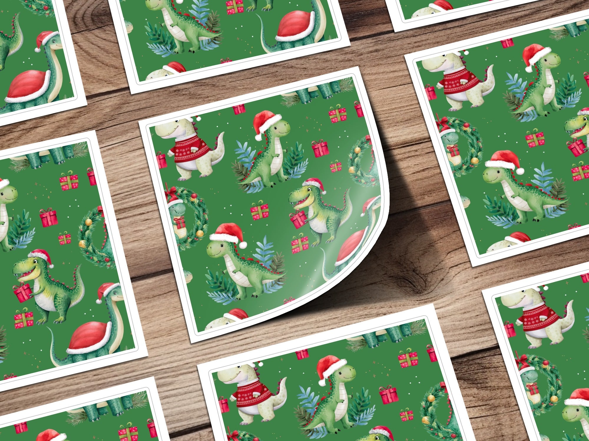 Green Christmas Dinosaur Digital Pattern, Winter Dino Art, Red Hat, Holiday Seamless Design, Festive Printable Paper, Kids Fabric Design - Moore and Mountain